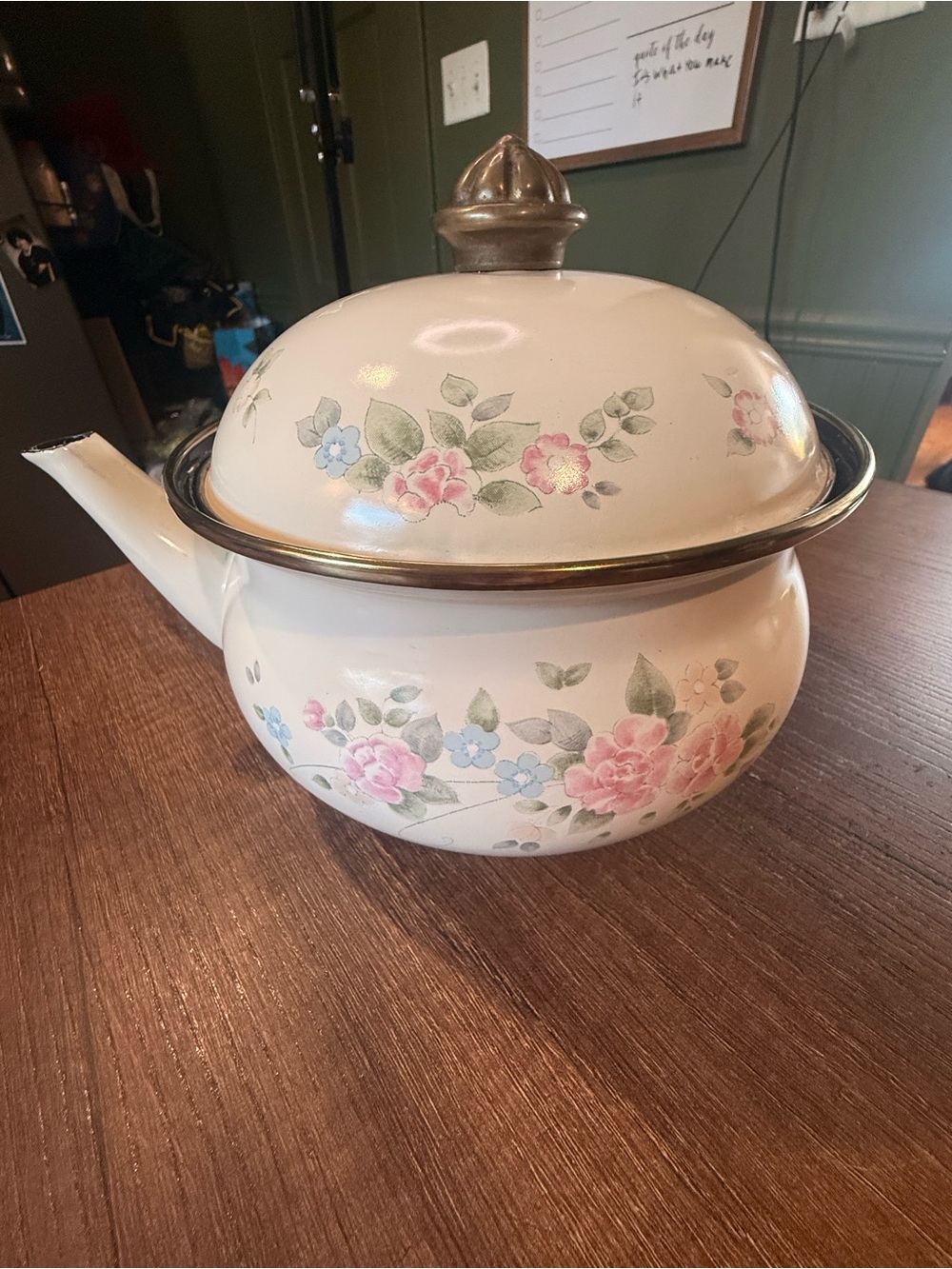 Source Unknown Vintage tea kettle metal with Pink and Blue Floral Pattern